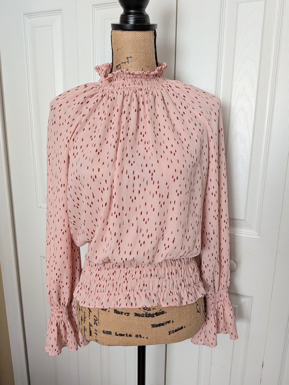Smocked Neck Pink Printed Long-Sleeve Blouse